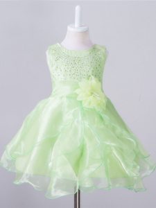 Scoop Sleeveless Kids Formal Wear Knee Length Beading and Hand Made Flower Yellow Green Organza