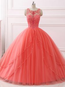 Amazing Coral Red Ball Gowns Beading and Lace Sweet 16 Dress Lace Up Tulle Sleeveless