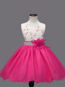 Hot Pink Organza Zipper Scoop Sleeveless Knee Length Little Girls Pageant Dress Wholesale Appliques and Hand Made Flower