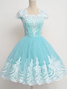 Glittering Aqua Blue A-line Square Cap Sleeves Tulle Knee Length Zipper Lace Quinceanera Court Dresses