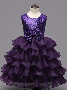 Sleeveless Tea Length Ruffled Layers and Sequins Zipper Kids Formal Wear with Dark Purple