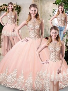 Extravagant Peach High-neck Neckline Beading and Lace and Appliques Sweet 16 Dress Sleeveless Backless