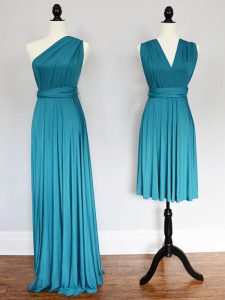 Artistic Teal Empire One Shoulder Sleeveless Chiffon Floor Length Lace Up Ruching Damas Dress