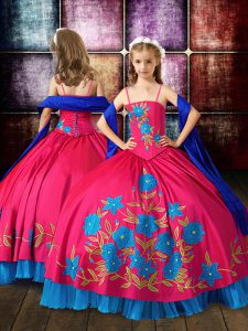 Hot Pink Ball Gowns Taffeta Spaghetti Straps Sleeveless Embroidery Floor Length Lace Up Little Girls Pageant Dress Wholesale