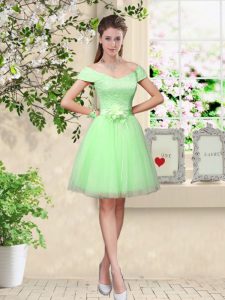 New Style Apple Green Tulle Lace Up Dama Dress for Quinceanera Cap Sleeves Knee Length Lace and Belt