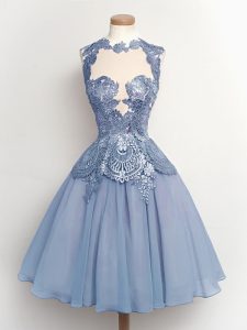 Light Blue Chiffon Lace Up Quinceanera Court of Honor Dress Sleeveless Knee Length Lace