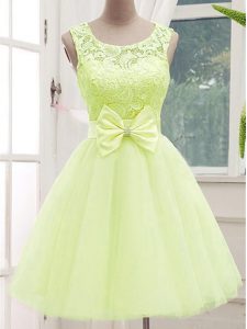 Nice Knee Length Yellow Green Quinceanera Court of Honor Dress Scoop Sleeveless Lace Up