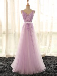 Modern Floor Length Lace Up Quinceanera Court of Honor Dress Lilac for Prom and Party and Wedding Party with Appliques