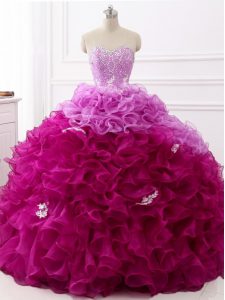 Sleeveless Beading and Appliques and Ruffles Lace Up Ball Gown Prom Dress with Multi-color Brush Train