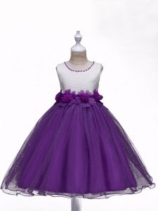 Best Sleeveless Organza Knee Length Zipper Kids Pageant Dress in Purple with Lace and Hand Made Flower