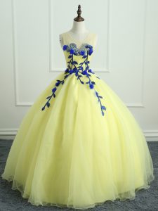 Cute Ball Gowns Sweet 16 Quinceanera Dress Light Yellow Scoop Organza Sleeveless Floor Length Lace Up