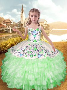 Apple Green Sleeveless Embroidery and Ruffled Layers Floor Length Winning Pageant Gowns