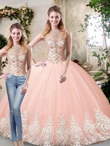 Customized Peach Sleeveless Beading and Lace and Appliques Floor Length Sweet 16 Dresses