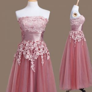 Sexy Tea Length Empire Sleeveless Pink Damas Dress Lace Up