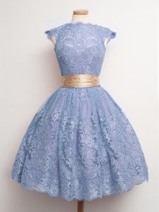 Great Blue Lace Up High-neck Belt Vestidos de Damas Lace Cap Sleeves