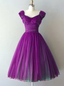 Admirable Purple A-line V-neck Cap Sleeves Chiffon Knee Length Lace Up Ruching Quinceanera Court Dresses