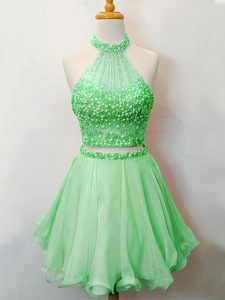 Green Organza Lace Up Damas Dress Sleeveless Knee Length Beading