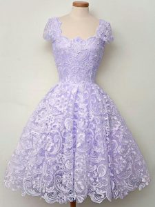 Exceptional Knee Length Lavender Quinceanera Dama Dress Scoop Sleeveless Lace Up