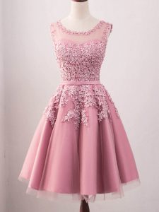 Pink Scoop Lace Up Lace Dama Dress Sleeveless