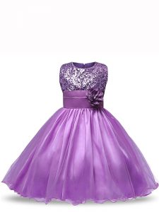 Excellent Ball Gowns Kids Pageant Dress Purple Scoop Organza Sleeveless Knee Length Zipper