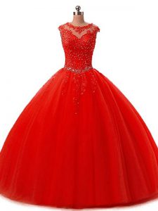 Fabulous Red Ball Gowns Tulle Scoop Sleeveless Beading and Lace Floor Length Lace Up Quinceanera Gowns