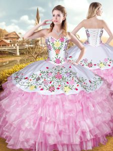 Exceptional Rose Pink Sleeveless Organza and Taffeta Lace Up Ball Gown Prom Dress for Military Ball and Sweet 16 and Quinceanera