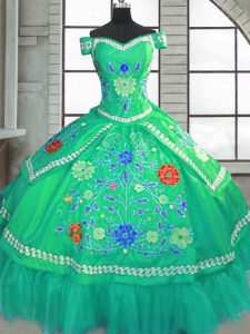 Fashion Green Lace Up Sweetheart Beading and Embroidery Quinceanera Gowns Taffeta Short Sleeves