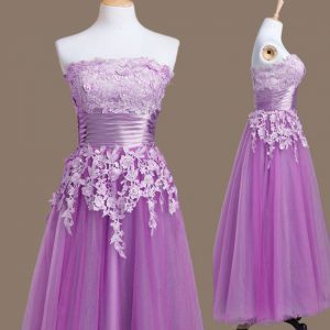 Romantic Tea Length Lace Up Quinceanera Court of Honor Dress Purple for Prom and Party and Wedding Party with Appliques