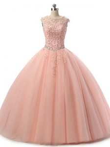 Peach Lace Up Quinceanera Gowns Beading and Lace Sleeveless Floor Length