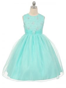 Customized Apple Green Tulle Lace Up Scoop Sleeveless Knee Length Pageant Gowns For Girls Beading