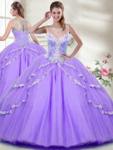 Best Lavender Zipper 15th Birthday Dress Beading Sleeveless Floor Length