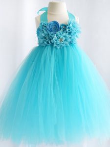 Aqua Blue Halter Top Neckline Hand Made Flower Little Girl Pageant Dress Sleeveless Side Zipper