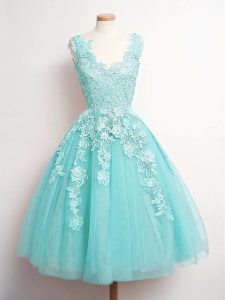 Pretty Knee Length A-line Sleeveless Aqua Blue Dama Dress for Quinceanera Lace Up