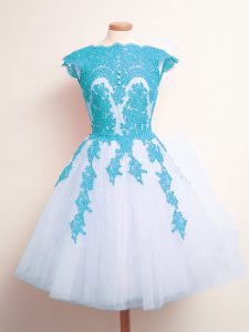 Pretty Blue And White Sleeveless Knee Length Appliques Lace Up Damas Dress