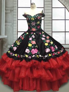 Floor Length Ball Gowns Sleeveless Red And Black Quince Ball Gowns Lace Up