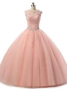 Admirable Peach Scoop Neckline Beading and Lace Sweet 16 Dress Sleeveless Lace Up