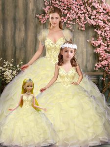 Cheap Floor Length Lace Up Quinceanera Gown Light Yellow for Military Ball and Sweet 16 and Quinceanera with Beading and Ruffles