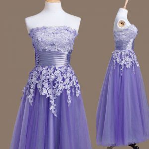 Dazzling Strapless Sleeveless Lace Up Court Dresses for Sweet 16 Lavender Tulle