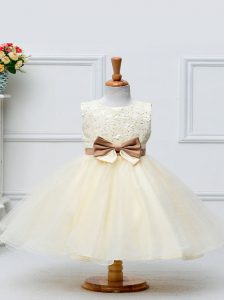 Best Sleeveless Zipper Knee Length Lace and Bowknot Pageant Gowns For Girls