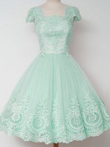 Sweet Apple Green Cap Sleeves Lace Knee Length Dama Dress for Quinceanera