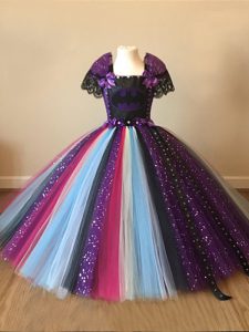 Floor Length Multi-color Pageant Gowns For Girls Tulle Short Sleeves Sequins and Pattern