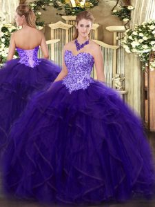 High Class Purple Lace Up Sweetheart Appliques and Ruffles Sweet 16 Dress Organza Sleeveless