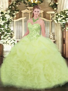 Modern Sweetheart Sleeveless Vestidos de Quinceanera Floor Length Appliques and Ruffles Yellow Green Organza