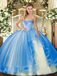 Floor Length Baby Blue Quinceanera Dresses Tulle Sleeveless Beading and Ruffles