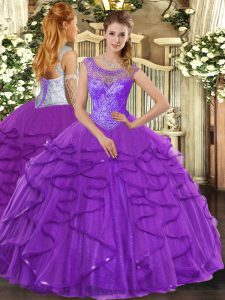 Elegant Purple Tulle Lace Up Scoop Sleeveless Floor Length Quinceanera Dresses Beading and Ruffles