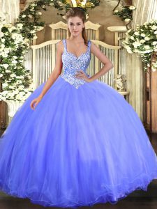 Graceful Blue Ball Gowns Tulle Straps Sleeveless Beading Floor Length Lace Up Quinceanera Gown