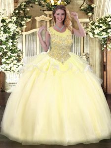 Deluxe Floor Length Zipper Quinceanera Dress Light Yellow for Military Ball and Sweet 16 and Quinceanera with Beading