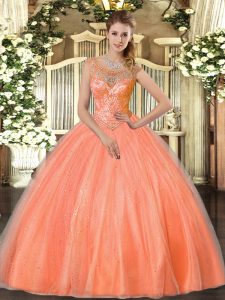 Sleeveless Tulle Floor Length Lace Up Quinceanera Dresses in Orange Red with Beading