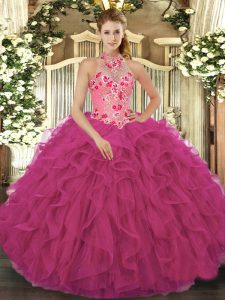 Fashionable Floor Length Hot Pink Sweet 16 Quinceanera Dress Organza Sleeveless Beading and Embroidery and Ruffles