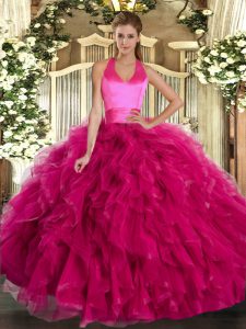 Ball Gowns Quinceanera Dress Fuchsia Halter Top Organza Sleeveless Floor Length Lace Up